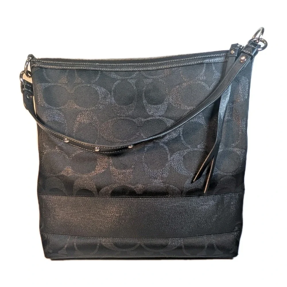 Coach 12904 Black Signature C Lurex Studded Tote Shoulder Bag Leather Trim Purse